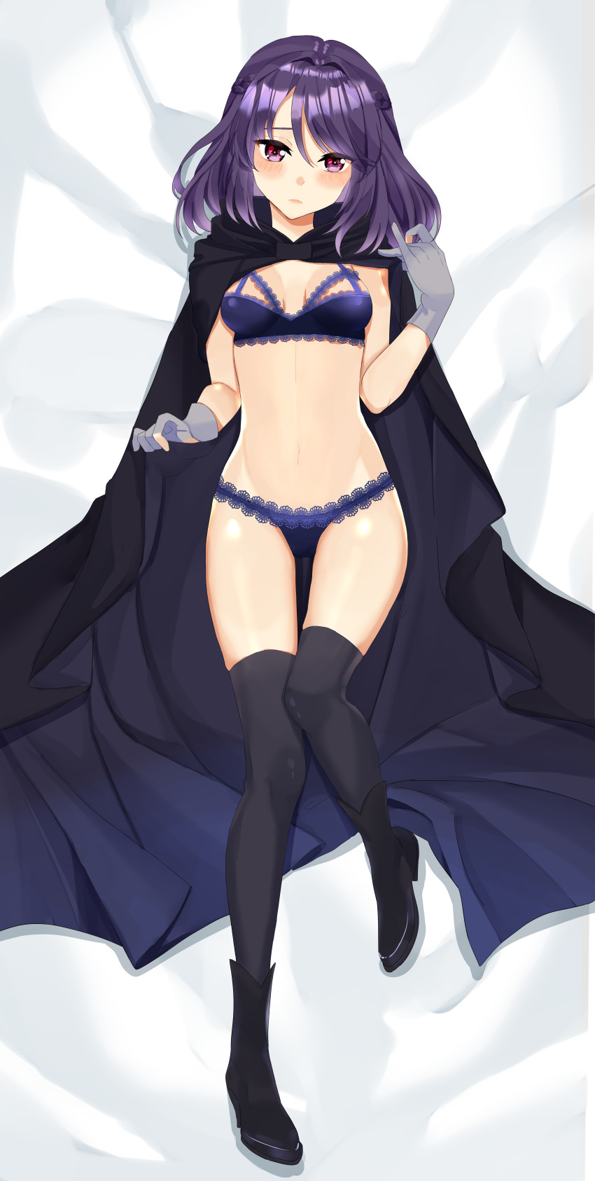 bed_sheet black_cape black_legwear blush boots cape dakimakura embarrassed fault_milestone lace lace-trimmed_bra lace-trimmed_panties lingerie open_cloak panties purple_eyes purple_hair ritona_reighnvhasta thighhighs