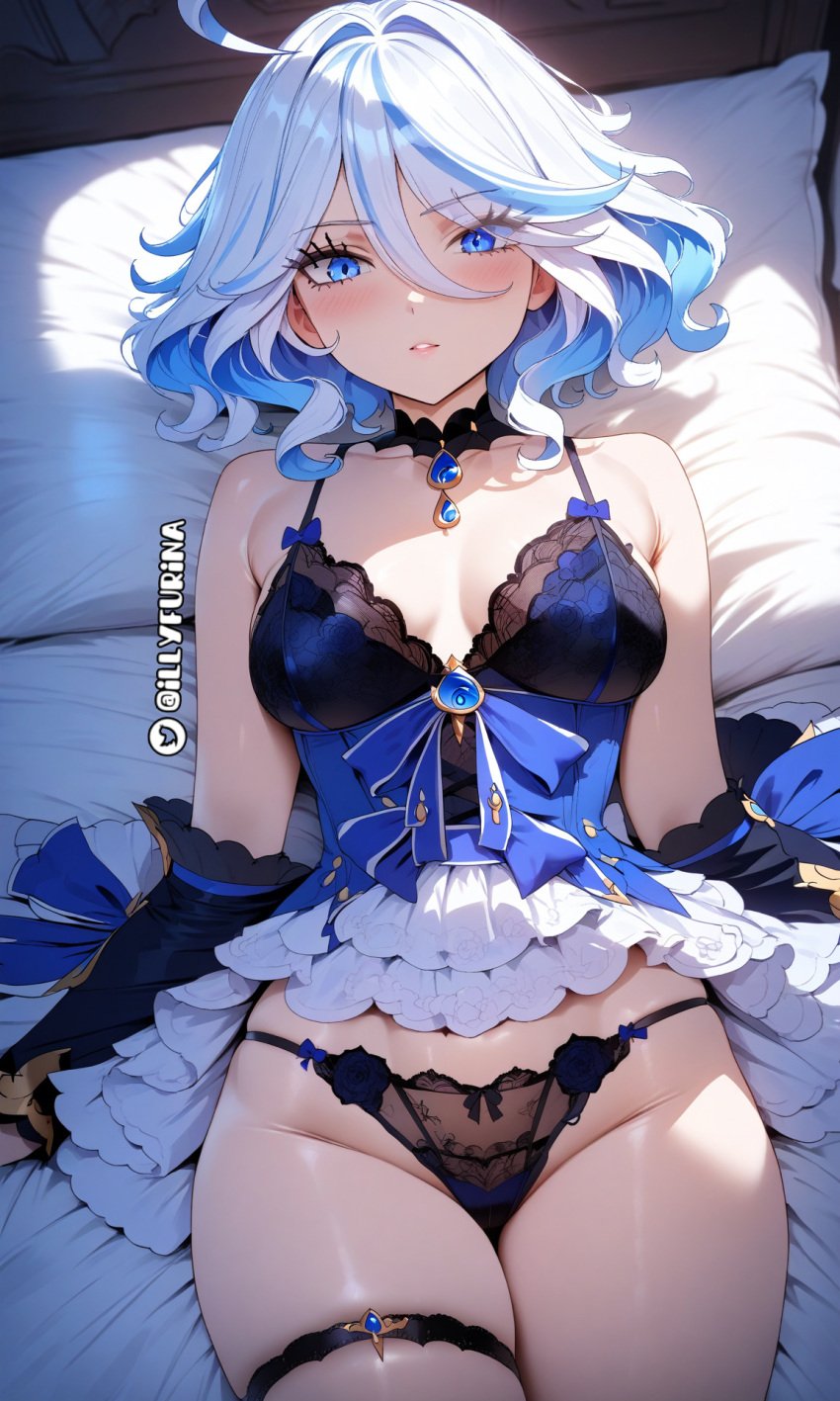 ai_generated black_panties blue_eyes blue_hair blue_lingerie female female female_focus female_only furina_(genshin_impact) genshin_impact illyfurina laying laying_on_bed lingerie lingerie_only looking_at_viewer nsfw pale-skinned_female pale_skin panties seductive seductive_eyes seductive_look seductive_mouth skinny skinny_girl small_breasts woman_focus woman_only