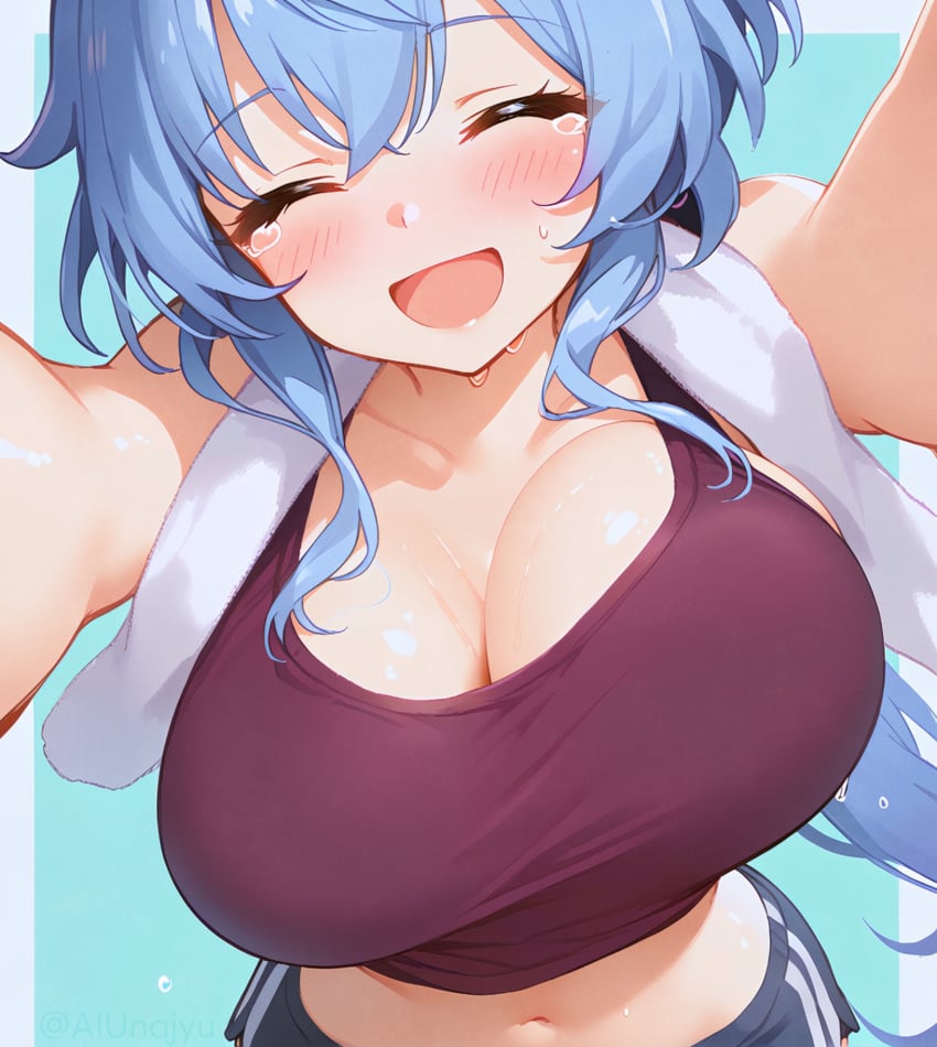 1girls ai_generated alternate_breast_size blue_hair breasts cleavage female female_only ganyu_(genshin_impact) genshin_impact horns large_breasts leaning_forward midriff short_shorts shorts solo unajyu