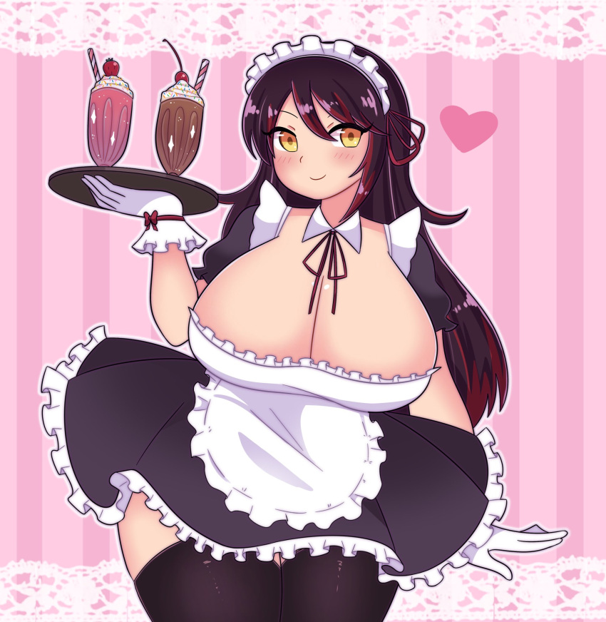 amber_eyes apron big_breasts big_breasts black_hair black_stockings breasts breasts cleavage dark_hair holding_tray huge_boobs huge_breasts long_hair maid maid_headdress maid_outfit milkshake sorceress sorceress_sophia thick_thighs villainess white_gloves