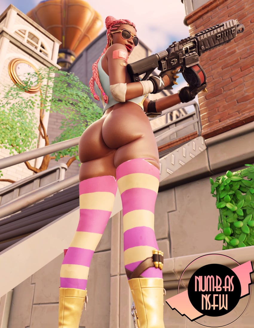 ass bottomless dat_ass fortnite fortnite:_battle_royale kiara_k.o_(fortnite) numbasnsfw pink_hair shotgun sunglasses thenumbersdon'tlie thigh_highs tinted_eyewear