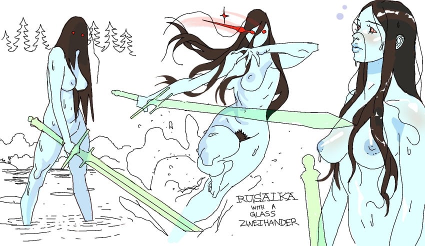 1girls aqua_skin chrggggg large_breasts long_hair mythology nude outdoors rusalka sketch sword water weapon wet