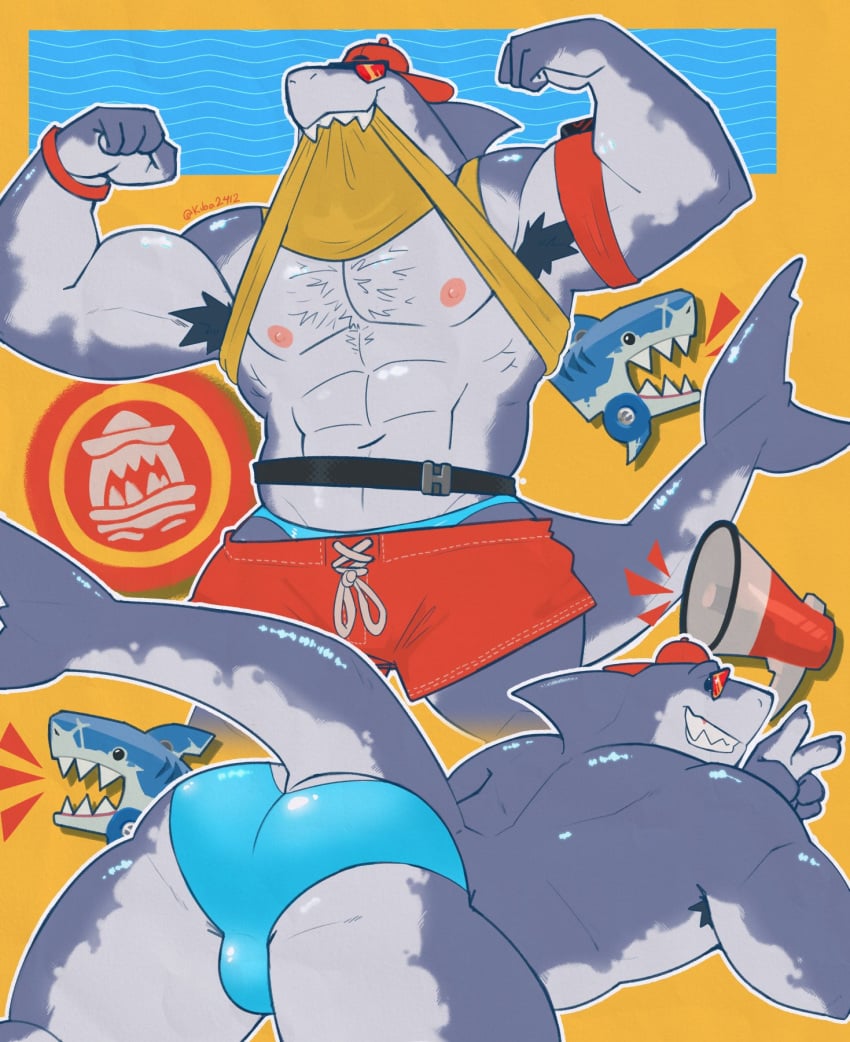 abs anthro ass ass balls bara blue_body cap first_aid_kit fortnite furry humanoid kiba24 lifeguard male male_focus male_only megaphone muscular muscular_anthro muscular_male pecs safety_first_steve_(fortnite) shark shark_tail sharp_teeth shorts speedo underwear