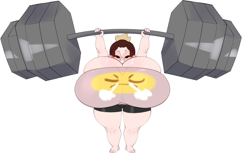 1girls big_breasts breast_focus breasts bulumble-bee busty cleavage frogface_(bulumble-bee) fully_clothed giant_breasts glasses huge_breasts hyper hyper_breasts lifting massive_breasts shortstack thick_thighs tight_clothing weightlifting