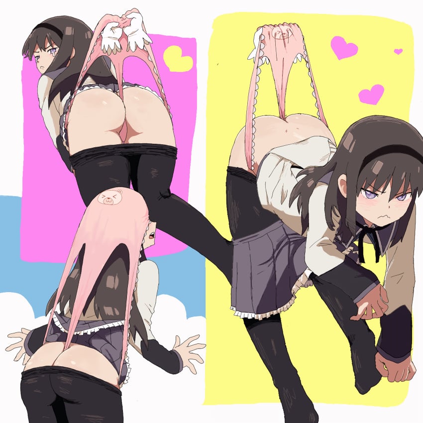 akemi_homura ass atomic_wedgie bear_panties black_hair blush embarrassed exposed_ass exposed_panties frilly_panties frilly_underwear hanging_wedgie homura_akemi humiliation leggings long_hair long_sleeves magical_girl mahou_shoujo_madoka_magica pink_panties puella_magi_madoka_magica purple_eyes skirt skirt_lift skirt_pull skirt_removed tear teddy_bear_panties tsundere wedgie