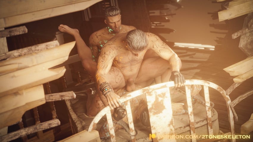 2toneskeleton 3boys anal bara barefoot beard dead_by_daylight gay group_sex muscle nude penis restrained selfcest silver_hair straddling sweat tattoo threesome vittorio_toscano