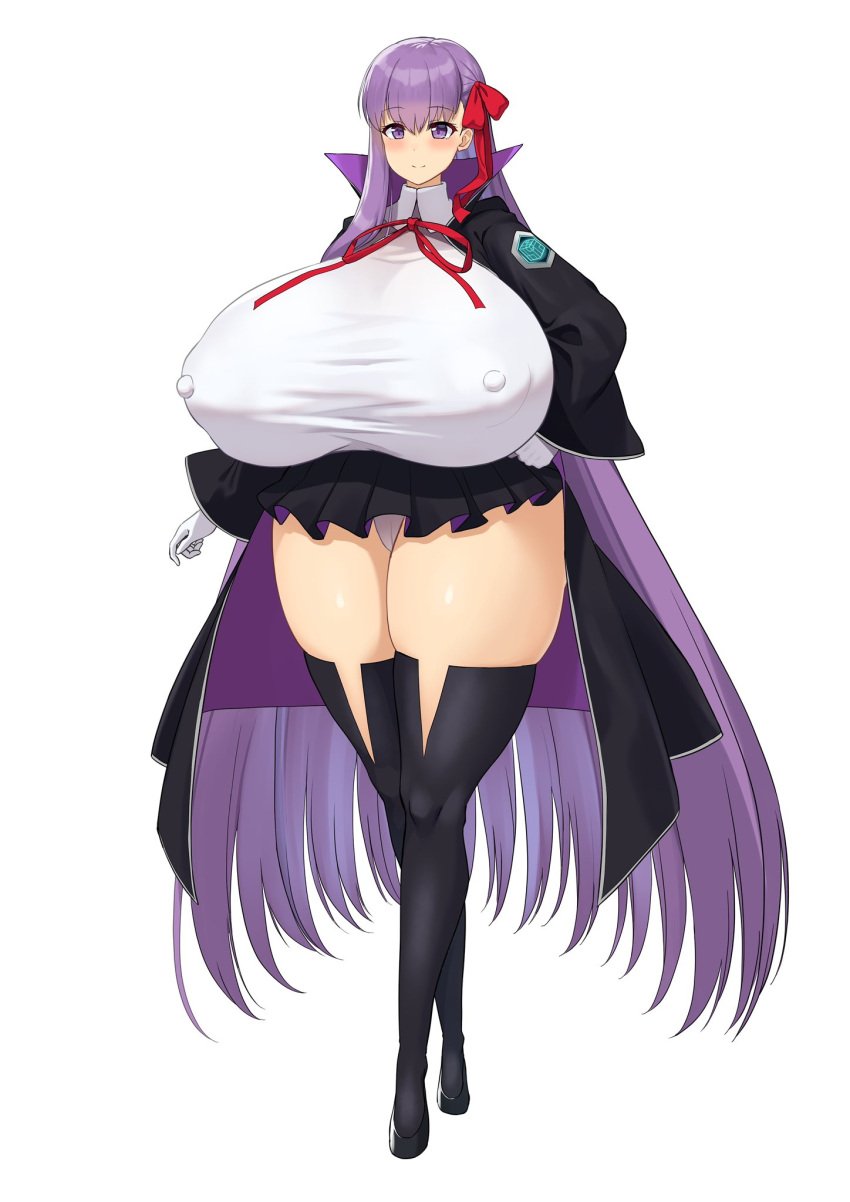 1girls bb_(fate) breasts breasts_bigger_than_head daien_(daien418) erect_nipples_under_clothes fate/extra fate/extra_ccc fate_(series) female hair_ribbon huge_breasts long_hair nipple_bulge nipples purple_eyes purple_hair smile solo thick_thighs thighhighs white_background