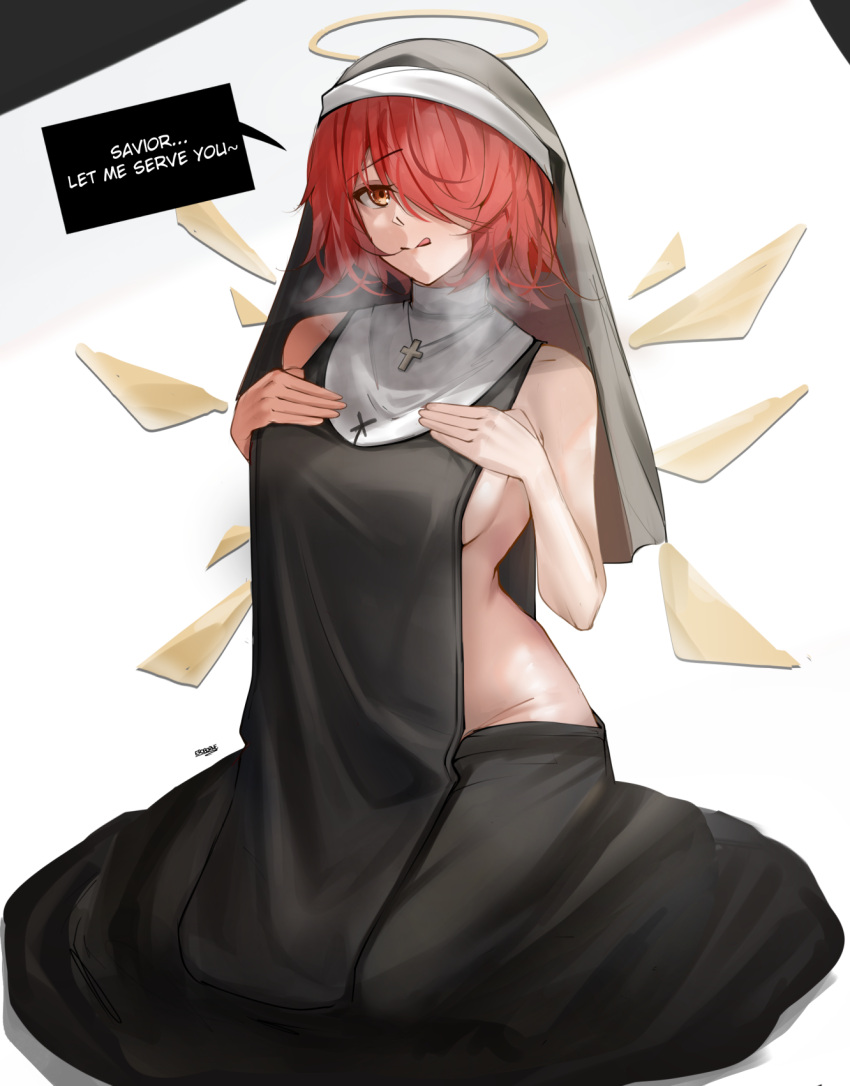 arknights cross eroborne exusiai_(arknights) hand_on_breast kneeling licking_own_lips nun one_eye_obstructed red_hair sideboob steam white_background