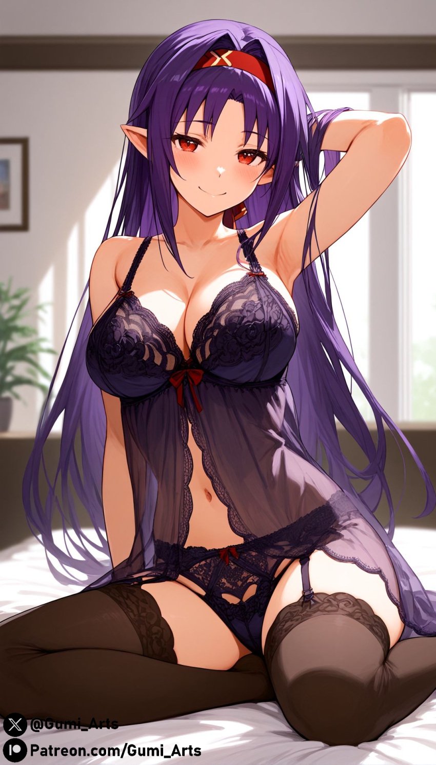 ai_generated bed blush garter_straps gumi_arts hair_ornament hairband hand_behind_head indoors konno_yuuki large_breasts lingerie long_hair looking_at_viewer navel on_bed pointy_ears purple_hair red_eyes smile stable_diffusion stockings sword_art_online thick_thighs thighhighs