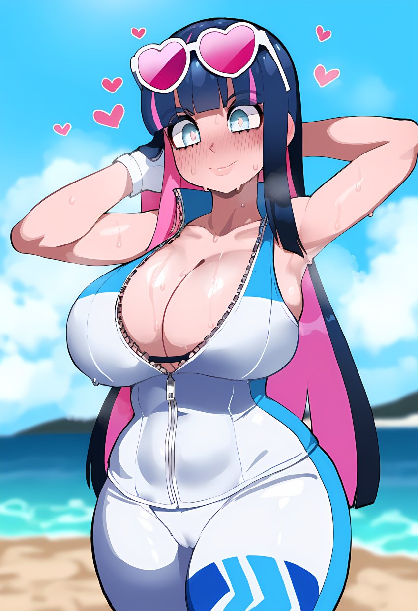 1female 1girls ai_generated bangs beach big_breasts blue_eyes blue_eyes_female breasts colored_inner_hair commentary_request english_commentary female female_only heart heart_sunglasses hi_res highres light-skinned_female light_skin long_hair multicolored_hair outdoors outside panty_&_stocking_with_garterbelt solo solo_female stocking_anarchy sunglasses sunglasses_on_head sweat tagme very_high_resolution water