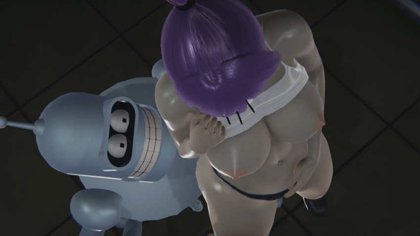 3d bender_bending_rodriguez big_breasts breasts cyclop futurama grin partially_clothed robot smile turanga_leela violet_hair