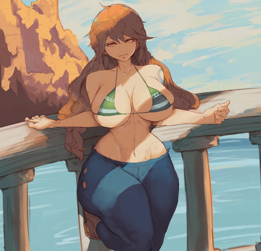 breasts ceevapi female horizon long_hair ocean pier solo swimsuit water