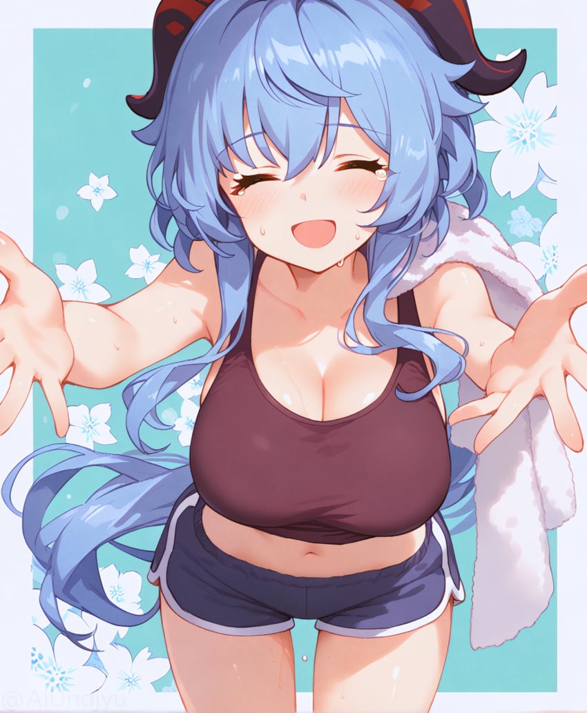 1girls ai_generated alternate_breast_size blue_hair breasts cleavage female female_only ganyu_(genshin_impact) genshin_impact horns large_breasts leaning_forward midriff short_shorts shorts solo thighs towel unajyu