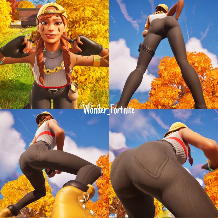 1girls 3d ass ass_focus aura_(fortnite) big_ass black_legwear braided_hair breasts clothed clothed_female clothes dat_ass face_paint facepaint fingerless_gloves fingers_to_mouth fortnite fortnite:_battle_royale from_below game_screenshot gameplay_screenshot gloves gold_bracelet gold_chain gold_jewelry gold_necklace hat in-game light-skinned_female light_skin looking_at_viewer multiple_views orange_hair outdoors red_hair screencap screenshot sleeveless sleeveless_sweater smile solo sweater thick_ass tight_clothing timbs twin_braids twintails watermark wonder_fortnite worm's-eye_view