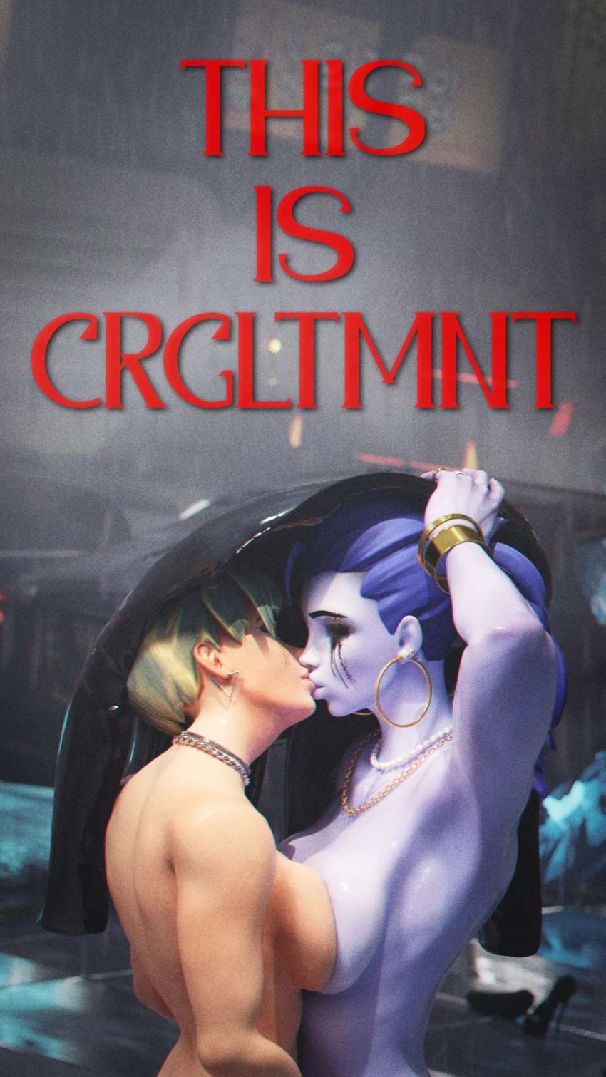 2girls 3d alternate_costume breast_press cover_page crgltmnt kissing lesbian_kiss multiple_girls overwatch overwatch_2 pinup raining romantic romantic_couple runny_makeup tagme_(artist) tracer widowmaker yuri