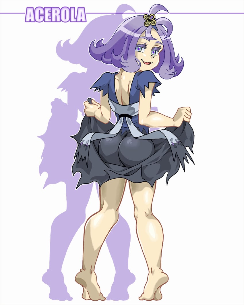 acerola_(pokemon) ass ass_focus back_view barefoot big_ass bubble_butt female female_focus female_only hair_ornament lifting_skirt looking_at_viewer pale-skinned_female pale_skin pokemon pokemon_sm purple_hair schlumper smug_face trial_captain