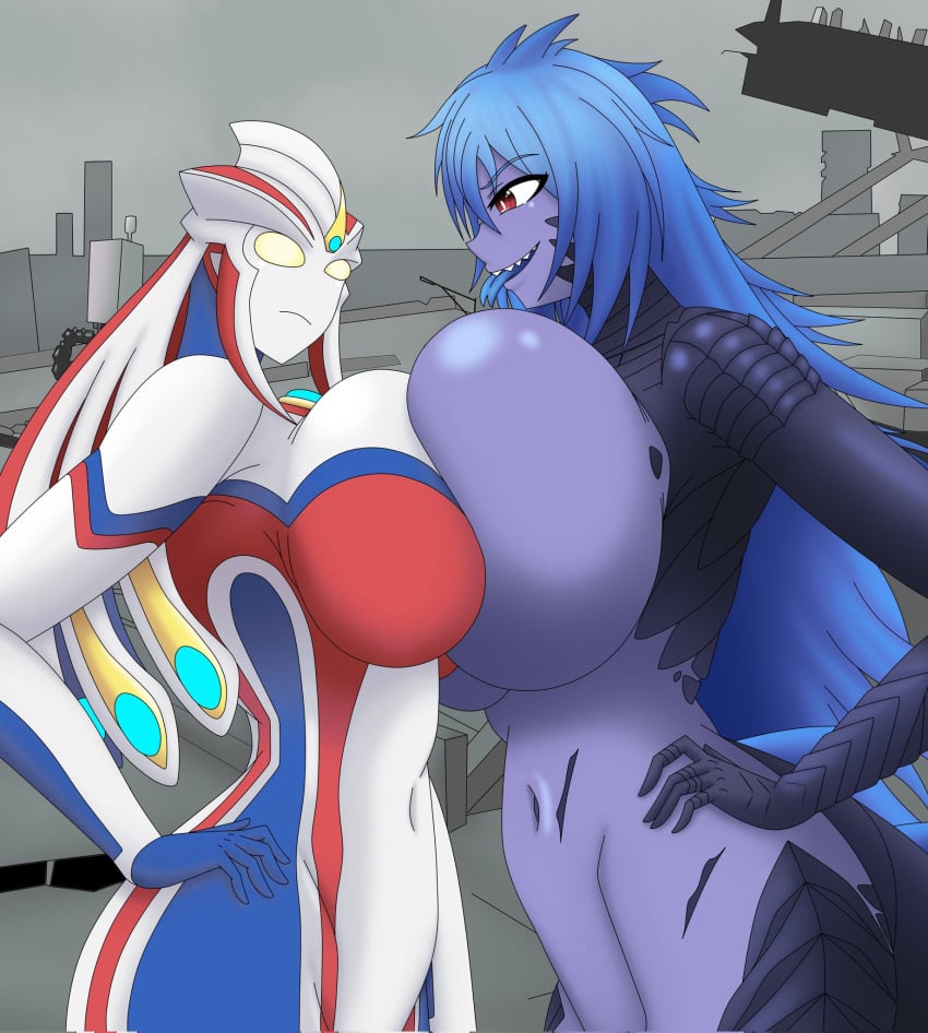 big_breasts black_scales blue_hair blue_markings blue_tongue breast_press breast_size_difference breasts_bigger_than_head busty competition godzilla godzilla_(2014) godzilla_(series) godzilla_king_of_the_monsters hands_on_hips kaiju kaiju_girl purple_skin red_markings rule_63 rule_63 size_comparison size_difference smug smug_expression smug_face smug_grin smug_smile ultraman ultraman_(franchise) ultrawoman voluptuous voluptuous_female white_body white_hair yellow_eyes