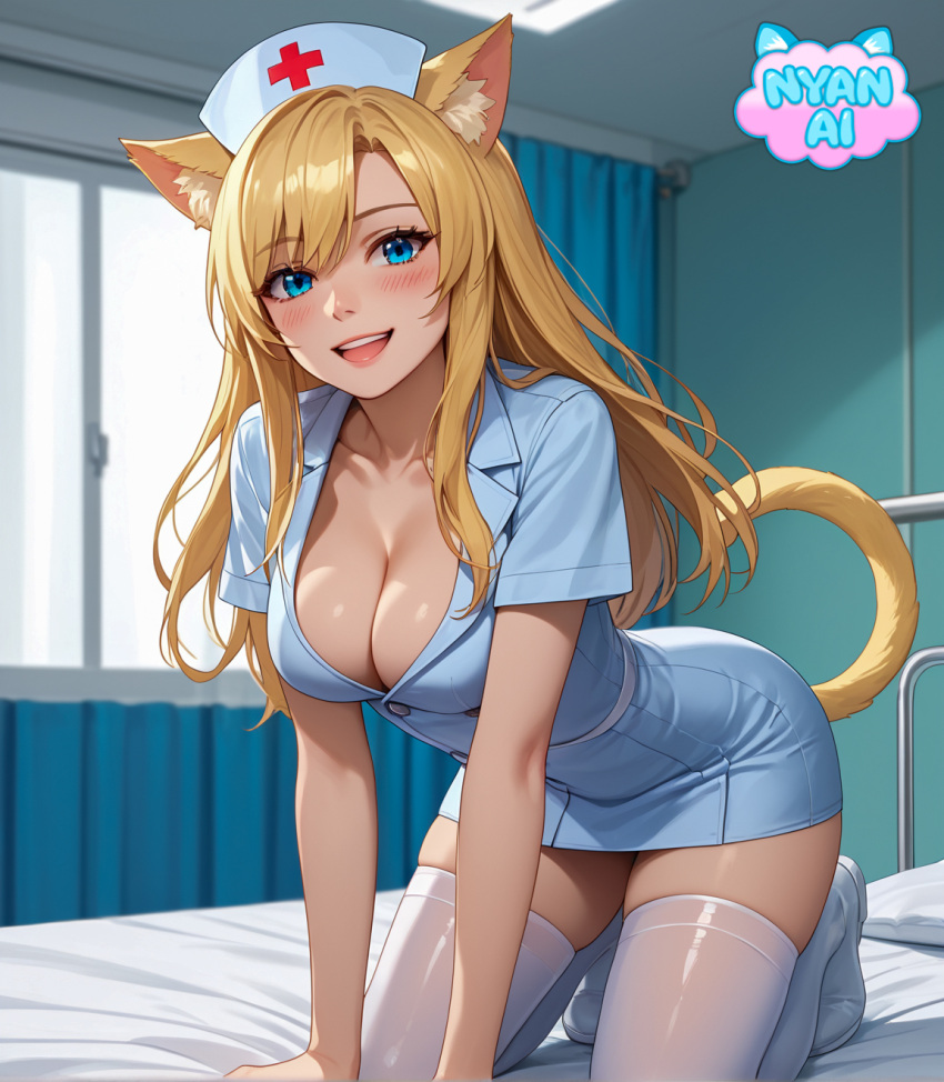 1girls 2d ai_assisted ai_generated athletic bed_sheet blonde_hair blue_eyes blush bra breasts cat_girl catgirl cleavage cosplay curvy_female female female_focus fit_female front_view girl humanoid kneeling kneeling_female looking_at_viewer mature_female mature_woman neko nekomimi nurse nurse_cap nurse_clothing nurse_hat nurse_outfit nurse_uniform nyan_ai nyanai open_mouth outfit pale_skin pose sfw shiny_skin smile smile_at_viewer smiley_face thick_thighs thighhighs white_skin