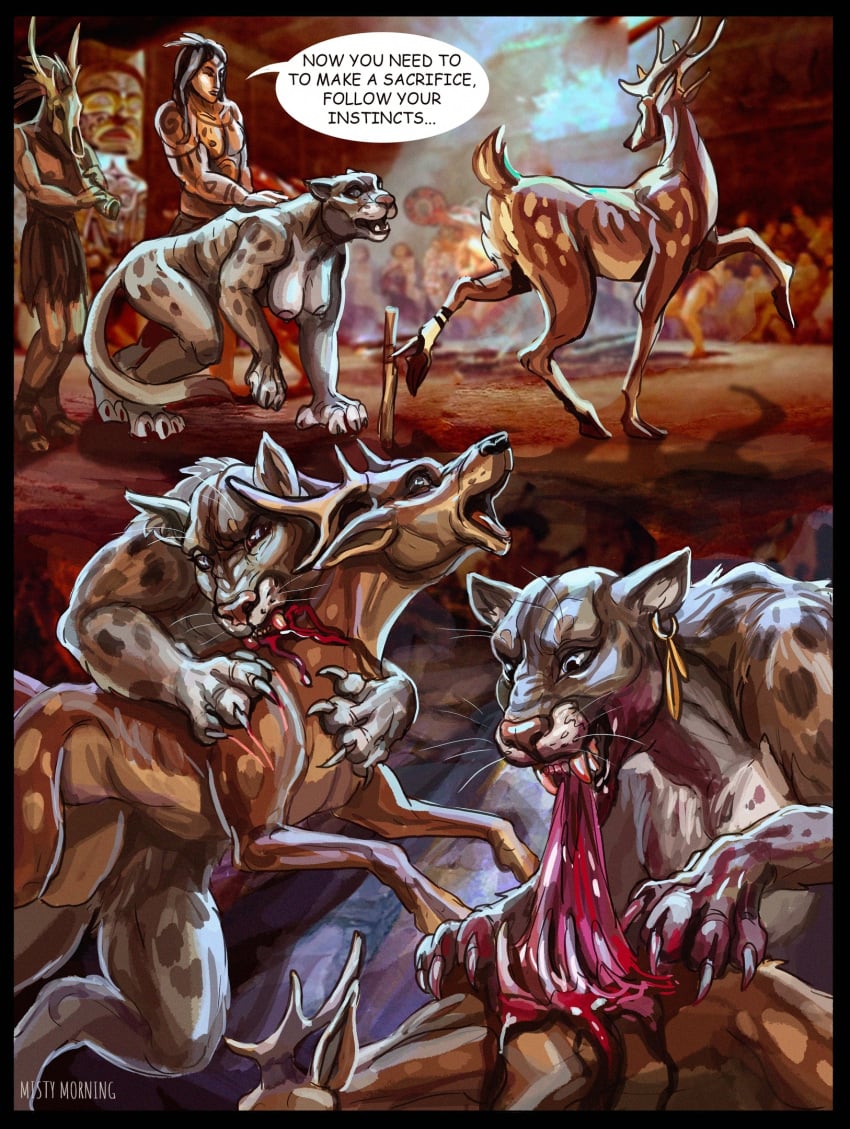 anthro blood bodily_fluids cougar deer eating_flesh felid feline female female/female feral gore hi_res human lion male male/male mammal misty_morning nude pantherine transformation