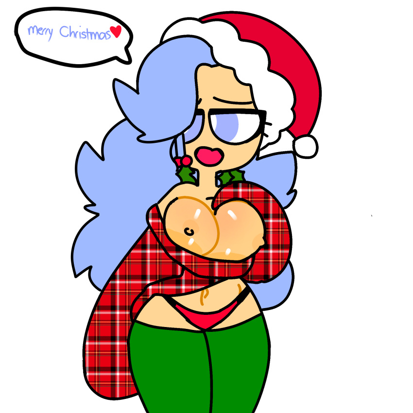 big_ass big_breasts blue_hair christmas_outfit rameny_(artist) thick_thighs