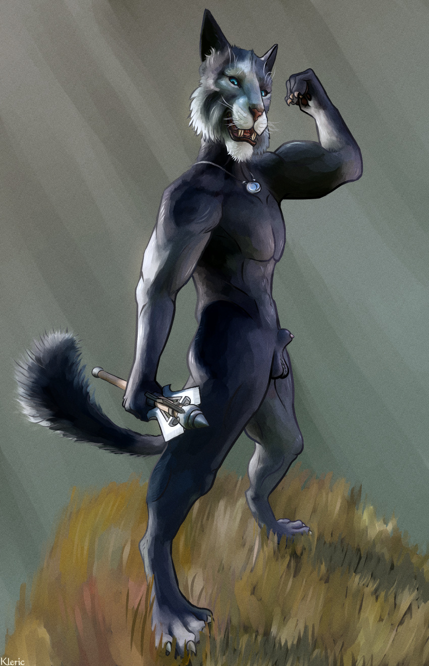 absurd_res animal_genitalia anthro balls bethesda_game_studios black_body black_fur blue_eyes felid flexing fluffy fluffy_tail fur genitals hi_res khajiit kharjo kleric mace male mammal melee_weapon microsoft muscular nude sheath skyrim small_penis smile smiling_at_viewer solo solo_male tail the_elder_scrolls weapon