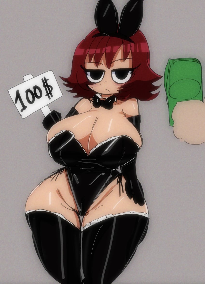 1girls bare_shoulders black_eyes black_legwear bunny_ears bunnysuit elbow_gloves female freckles gloves holding_object kim_pine kotarodayo1126 legwear looking_at_viewer money price prostitution red_hair scott_pilgrim short_hair sign stockings thighhighs