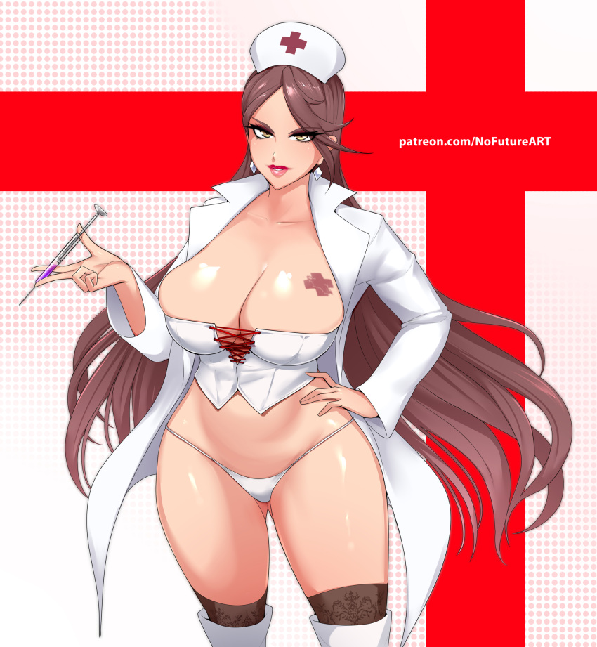 1girls big_breasts big_lips breasts brown_hair cleavage coat corset ear_piercing earrings female female_only hair hand_on_hip hat headwear hi_res hips holding_object huge_breasts lab_coat labcoat large_breasts legwear lips long_hair mature mature_female mature_woman milf nofuture nurse nurse_cap nurse_clothing nurse_hat nurse_uniform sagiri_yuuko solo solo_female syringe thick_lips thick_thighs thighs thong triage_x white_corset white_thong yellow_eyes