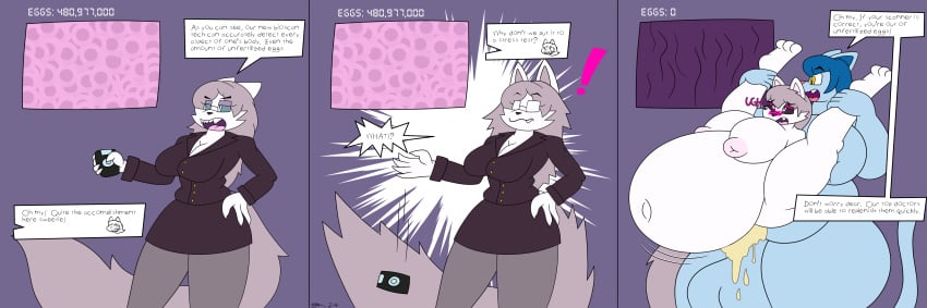 absurd_res anthro bloated blue_body blue_fur blue_hair dirtymac domestic_cat eyewear felid feline felis female fur futanari glasses hair hi_res impregnation impregnation_count intersex mammal pink_eyes pink_hair puwma screen white_body white_fur yellow_eyes