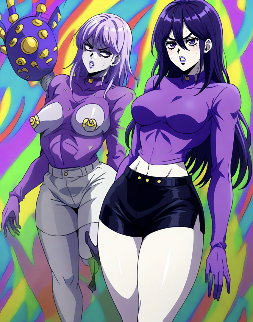 ai_generated breasts female frown jojo's_bizarre_adventure jojo_reference miniskirt original original_character pierced_nipples piercing piercings purple_hair pussy skirt