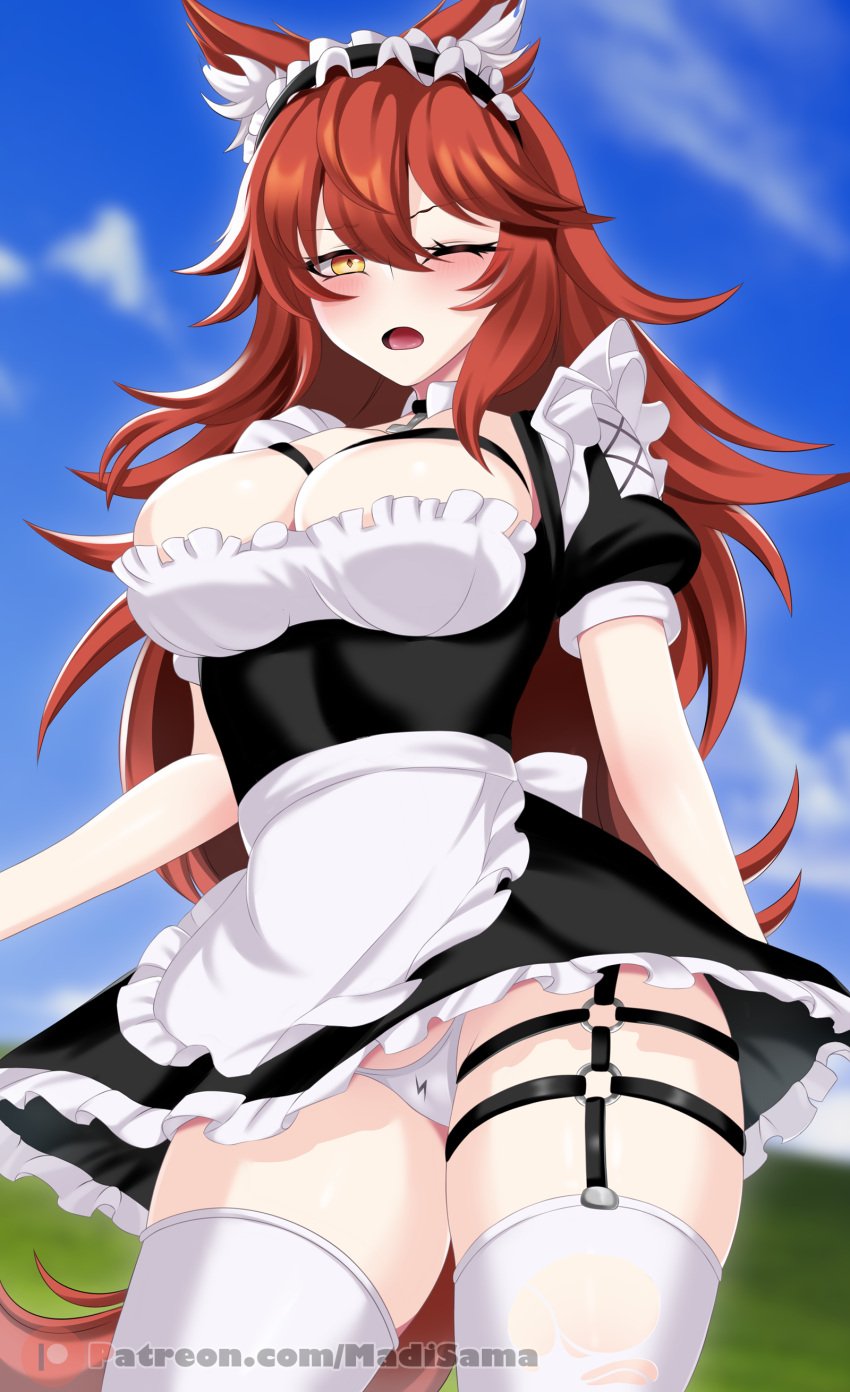 animal_ear_fluff animal_ears apron bangs blue_sky blush breasts cleavage cowboy_shot day dress female frills garter_straps large_breasts long_hair looking_at_viewer madisama(tyam) maid one_eye_closed open_mouth outdoors panties pantyshot puffy_short_sleeves puffy_sleeves red_hair short_sleeves sky solo standing tail thighhighs underwear virtual_youtuber vshojo vtuber vtuberfanart white_legwear white_panties yellow_eyes zentreya