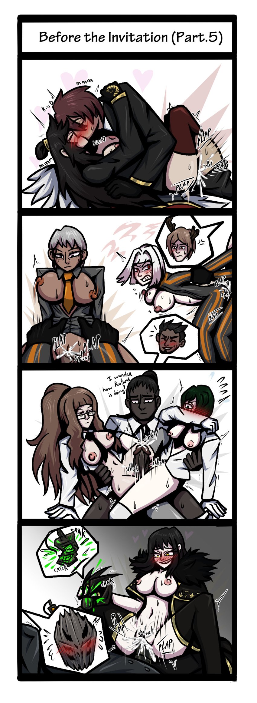 4koma 5boys 6girls angry angry_face antlers arms_behind_back arms_held_back bakaiju baral_(library_of_ruina) black_hair blush blushing brown_hair closed_eyes clothed clothed_sex covering_mouth cum dark-skinned_male dark_skin dialogue dominant_female eyes_closed glasses gray_hair handholding harold_(library_of_ruina) heart hearts jumpsuit kiss kissing library_of_ruina lowell_(library_of_ruina) making_out maxim_(library_of_ruina) mirinae_(library_of_ruina) myo_(lobotomy_corporation) nikolai_(library_of_ruina) olivier_(library_of_ruina) part5 project_moon red_eyes rudolph_(library_of_ruina) sound_effects stockings tagme white_hair xiao_(library_of_ruina) yellow_eyes zena_(library_of_ruina)