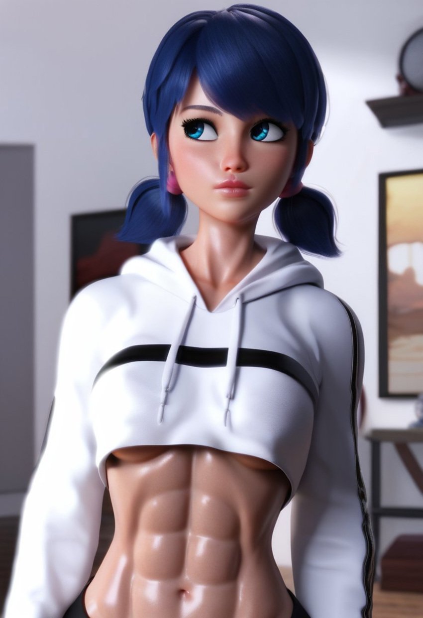 1girls 3d abs ai_generated blonde_hair blue_eyes female female_only hoodie looking_away marinette_cheng marinette_dupain-cheng miraculous_ladybug solo sports_uniform teenager twintails uglyspirit