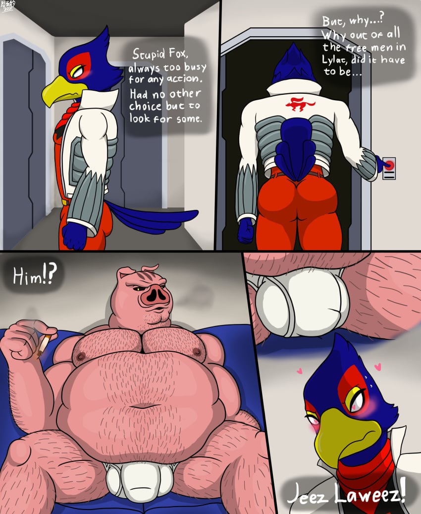 <3_eyes absurd_res anthro anthro_only ass avian bird bulge cigarette clothed clothing comic dialogue domestic_pig duo falco_lombardi furry furry_only genital_outline heart hi_res male mammal nintendo nipples overweight overweight_male penis_outline pigma_dengar pizzaozzy_(artist) spread_legs spreading star_fox suid suina sus_(pig) text ugly_man underwear video_games white_briefs