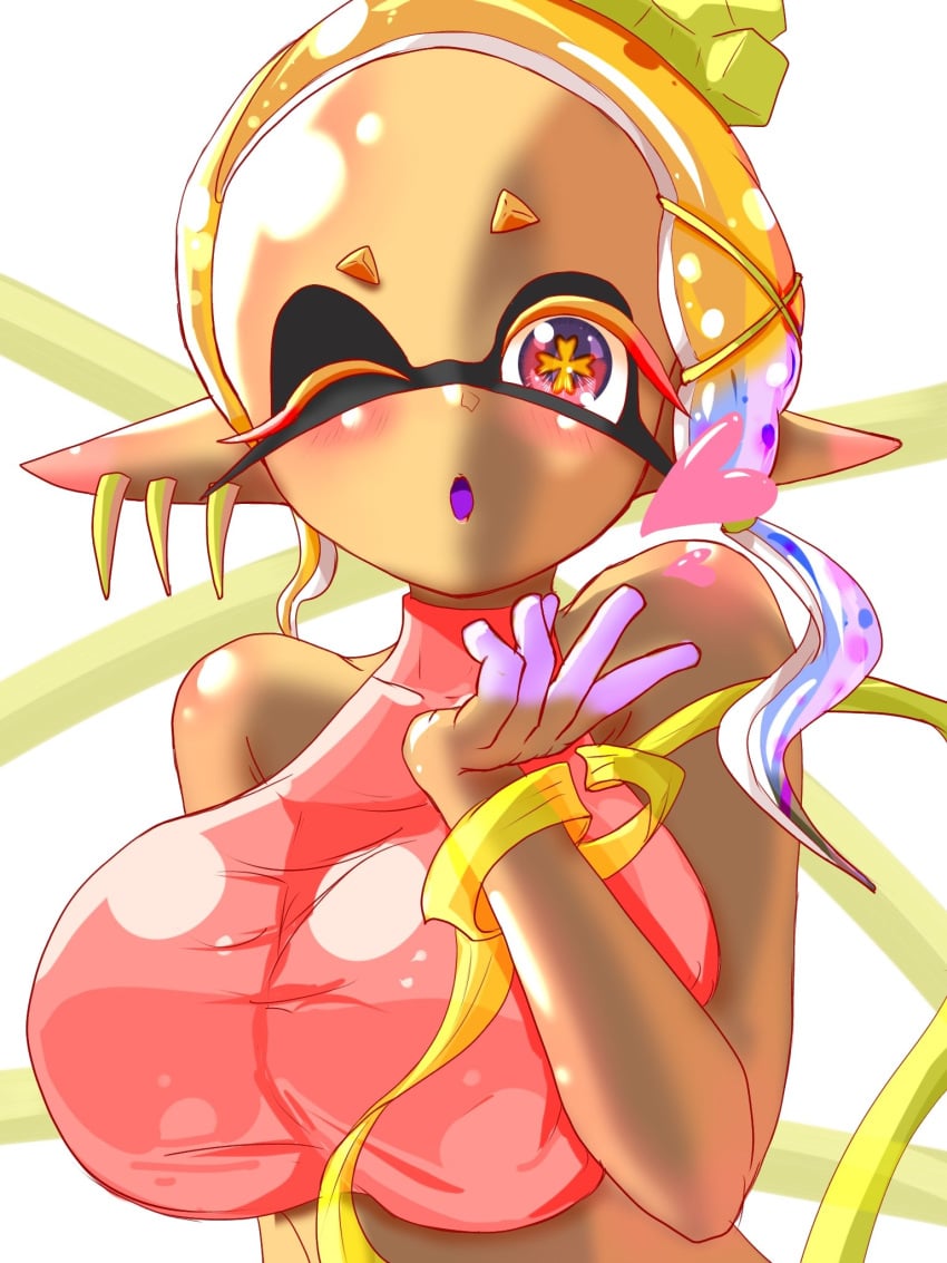 2024 blowing_a_kiss blowing_kiss blush blush_lines blushing blushing_at_viewer clothing dark-skinned_female dark_skin digital_drawing_(artwork) digital_media_(artwork) dipstick_fingers ear_piercing frye_(splatoon) frye_onaga hair_tie heart hi_res looking_at_viewer marine marine_humanoid mollusk mollusk_humanoid multicolored_eyes multicolored_hair nintendo o_mouth one_eye_closed one_eye_open pink_clothing pink_crop_top pointy_eared_humanoid pointy_ears splatoon splatoon_(series) splatoon_3 t2ukmyjm tentacle tentacle_hair wink winking_at_viewer yellow_eyebrows yellow_hair