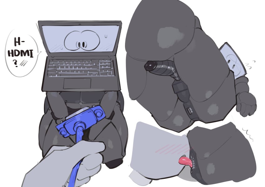 2024 2boys absurd_res anon black_glans blush digital_media_(artwork) english_text glistening glistening_penis grey_body hi_res kogito laptop living_machine looking_at_genitalia male/male male_only on_knees penis presenting rimjob rimming robot screen_face simple_background suprised surprised sweatdrop tagme usb usb_port vein veiny_cable