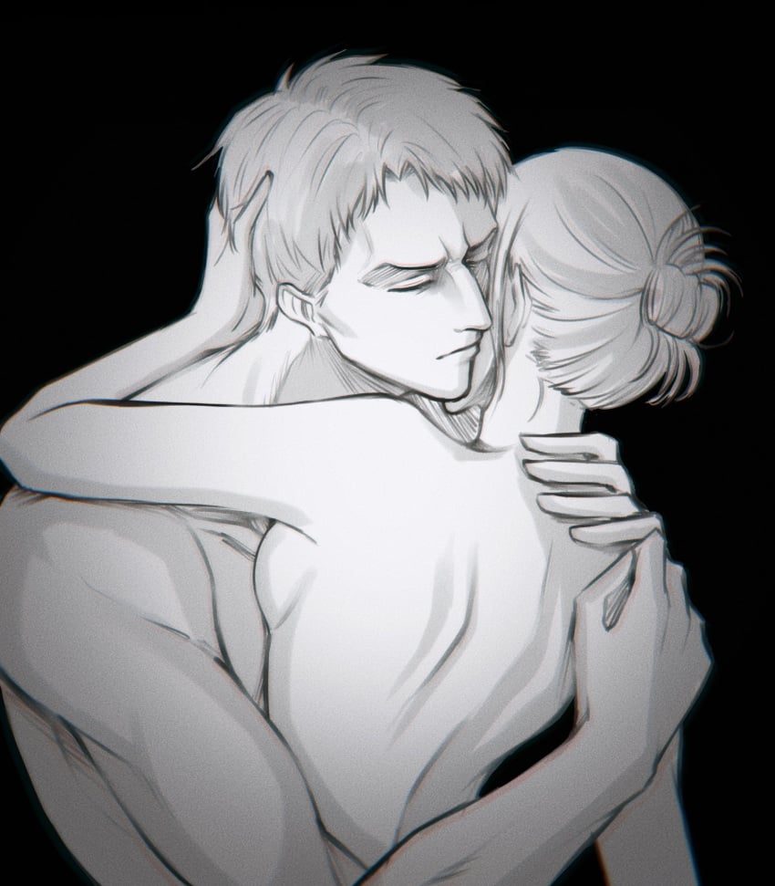 1boy 1girls annie_leonhardt attack_on_titan back_view black_and_white black_background closed_eyes female hugging hugging_each_other implied_nudity kuobi_meon male reiner_braun romantic shingeki_no_kyojin