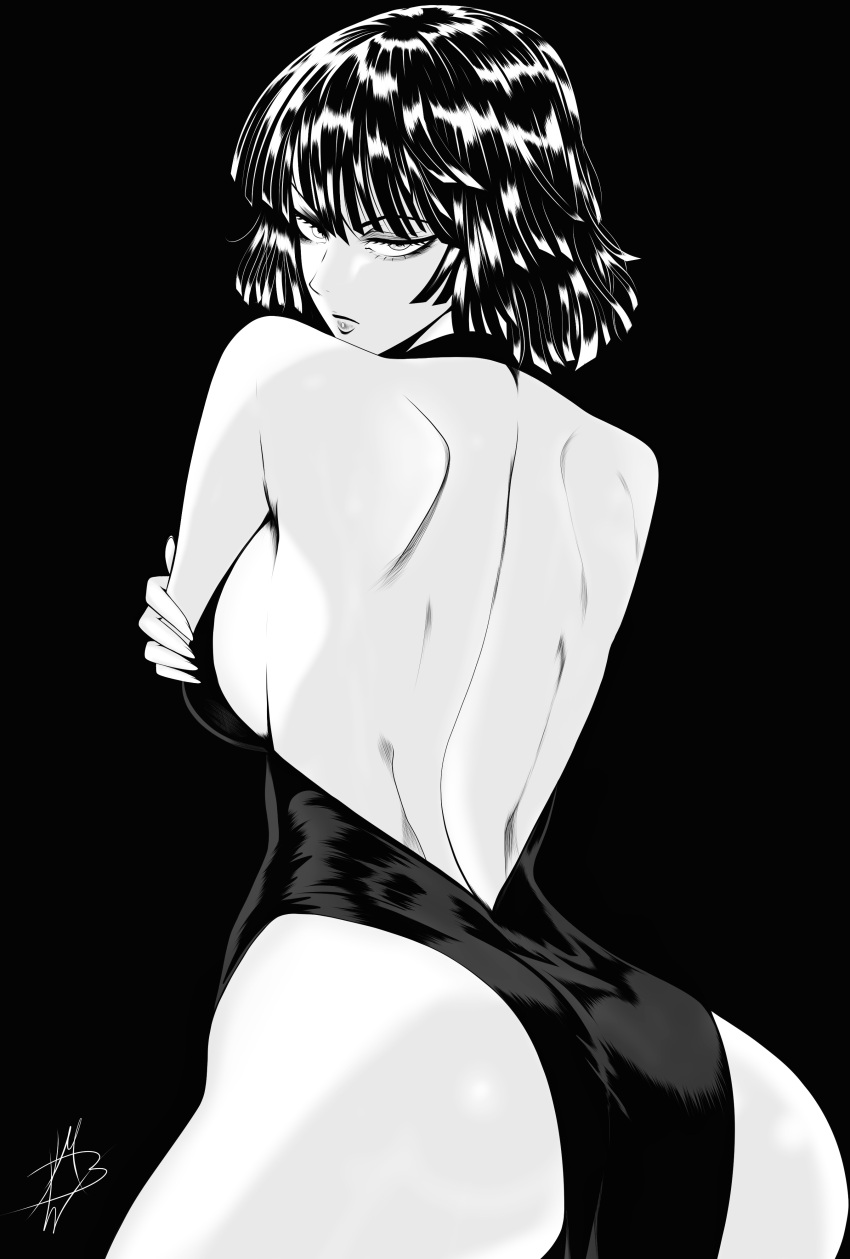 1girls ass ass_focus back back_view backless_outfit bare_arms bare_back bare_shoulders big_ass big_breasts big_butt black_hair clothed clothing color dress female female_focus female_only fubuki_(one-punch_man) hi_res large_breasts light-skinned_female light_skin looking_at_viewer mostlybluewyatt no_bra no_panties one-punch_man short_hair solo solo_female tagme thick_thighs