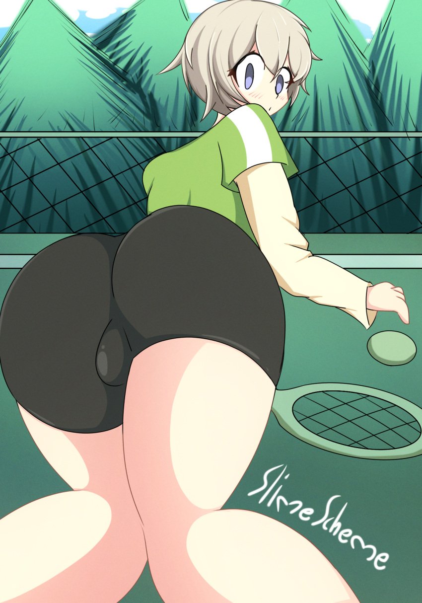 ass ass_focus balls bike_shorts blue_eyes blush bulge clothed cute cute_expression cute_male embarrassed femboy fully_clothed grey_hair imminent_rape imminent_sex male male_focus male_only my_teen_romantic_comedy_snafu public shorts slime_scheme thick_thighs thighs tight_clothing tomgirl totsuka_saika trap