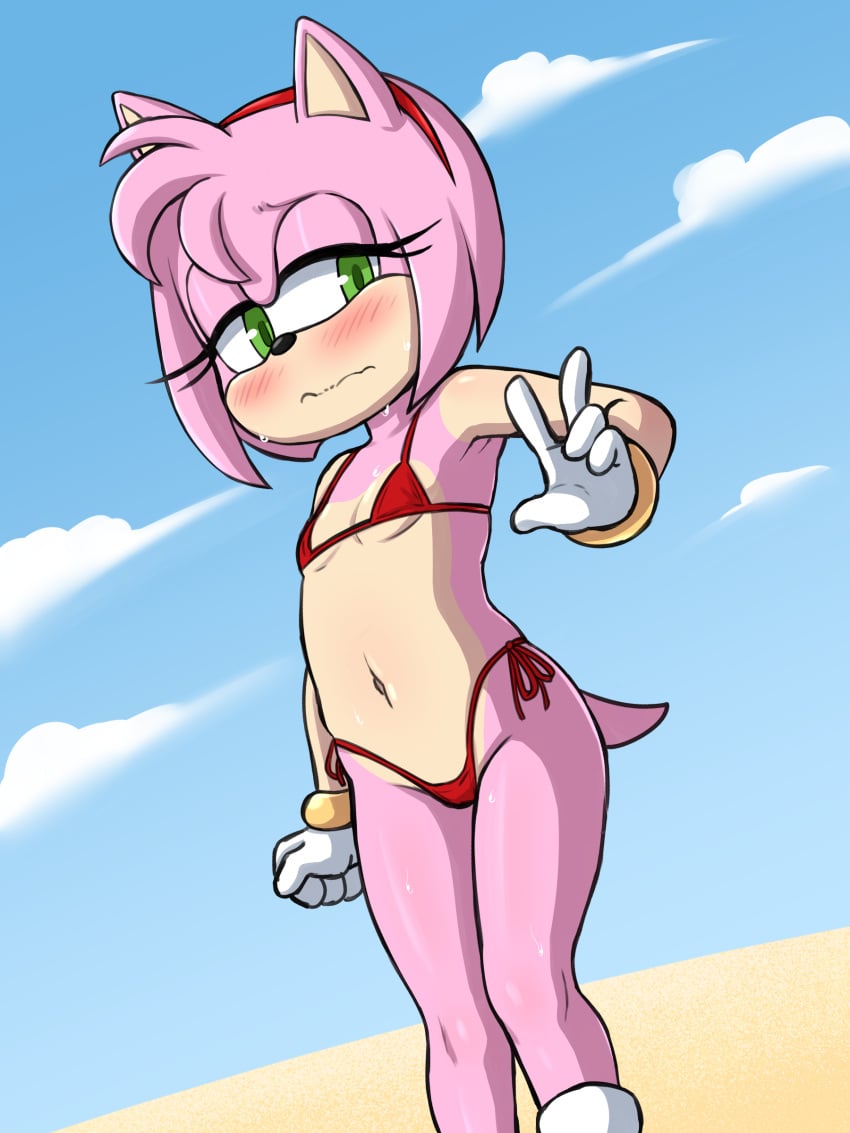 1girls aged_down amy_rose anthro anthro_female anthro_only armpits blue_sky blush bow_bikini cloud clouds cub embarrassed eyelashes female female_anthro female_focus female_only fur furry furry_female furry_only green_eyes hand_up hedgehog hedgehog_girl hedgehog_humanoid outdoors pink_fur red_bikini red_bikini_bottom red_bikini_top red_hairband red_headband red_headwear sand sega small_breasts solo solo_anthro solo_female solo_focus sonic_(series) sonic_the_hedgehog_(series) standing sweat sweatdrop two_tone_body vermelhatan wavy_mouth white_gloves young