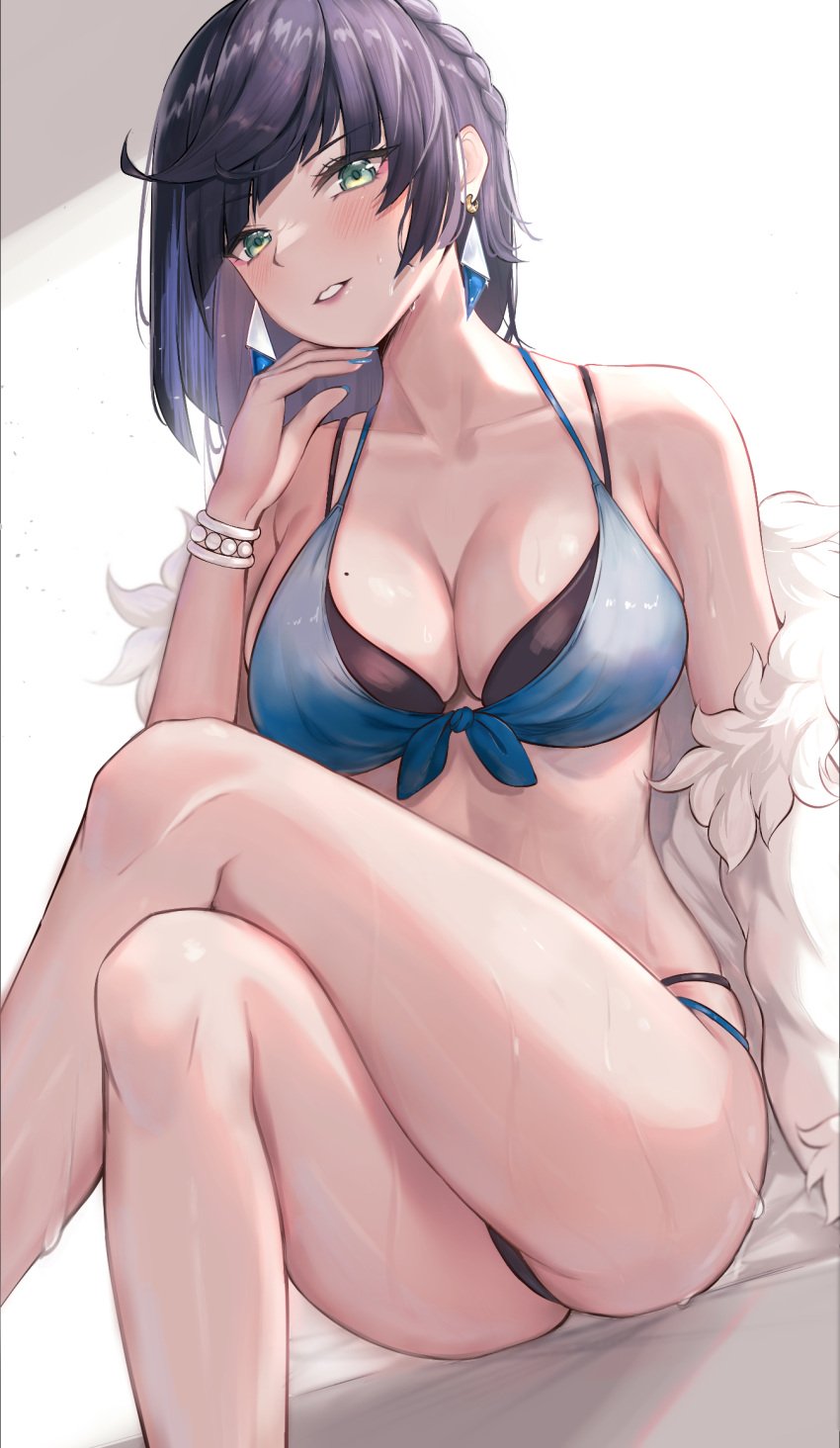 1girls 2023 ass bikini black_hair blue_highlights blue_nails blush bracelet breasts earrings genshin_impact green_eyes jacket looking_at_viewer short_hair smile solo sweat white_background white_skin yelan_(genshin_impact) yousuketwelve