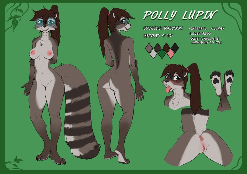 5_fingers absurd_res anthro anus areola ass biped blush breasts color_swatch english_text eyewear female fingers genitals gewitter glasses hair hi_res mammal model_sheet nipples open_mouth polly_lupin procyonid pussy raccoon solo tail text tongue tongue_out