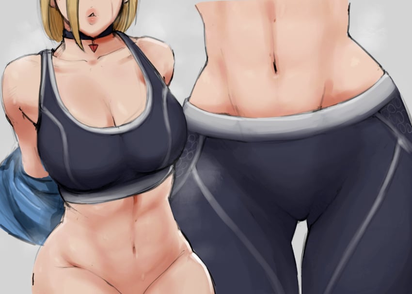 1girls blonde_hair blue_eyes breasts cammy_white capcom curvaceous female female_only fit fit_female fully_clothed huge_breasts midriff navel paranoiddroid short_hair simple_background solo street_fighter street_fighter_6 sweat sweaty_body tight_clothing toned