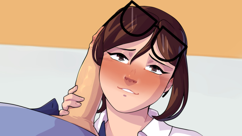 1girls asian big_penis biting_lip brown_eyes brown_hair chinese cock_worship facejob female female_focus glasses_on_head imminent_oral large_penis light-skinned_male male mei_(overwatch) oral overwatch penis penis_on_cheek penis_on_face smile youngnaughty