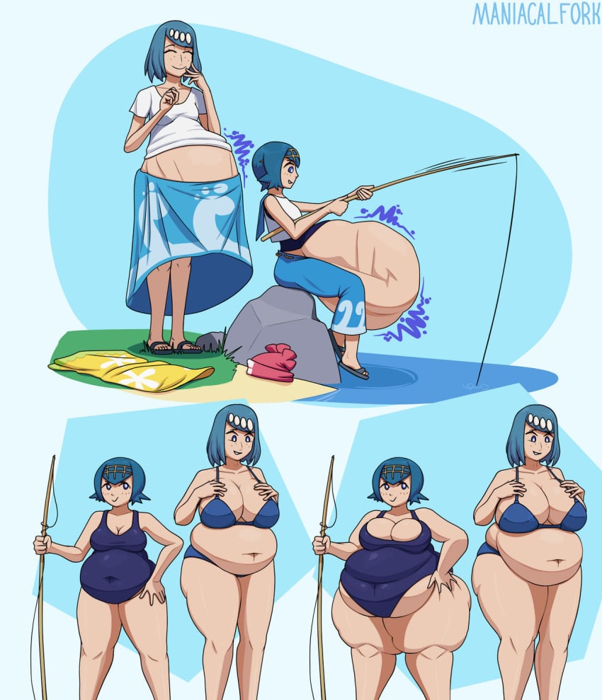 2d 2d_(artwork) belly big_belly bikini blue_hair chubby chubby_female fat fat_ass fat_butt game_freak lana&#039;s_mother_(pokemon) lana_(pokemon) maniacalfork nintendo one_piece_swimsuit pokemon swimsuit vore white_skin
