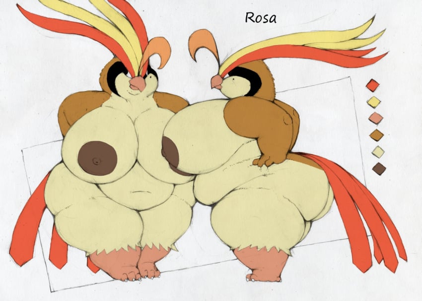 arkveveen ass avian barefoot beak belly big_breasts big_butt bird blonde_hair breasts brown_body color_swatch curl feathers feet female female_focus female_only frown generation_1_pokemon hair hands_on_hips long_hair markings model_sheet mole_(marking) navel nintendo nipples nude original original_character overweight overweight_female pidgeot pokemon pokemon_(species) red_hair rosa_pyle seth65 side_profile side_view solo tail tail_feathers talons thick_thighs toes wide_hips