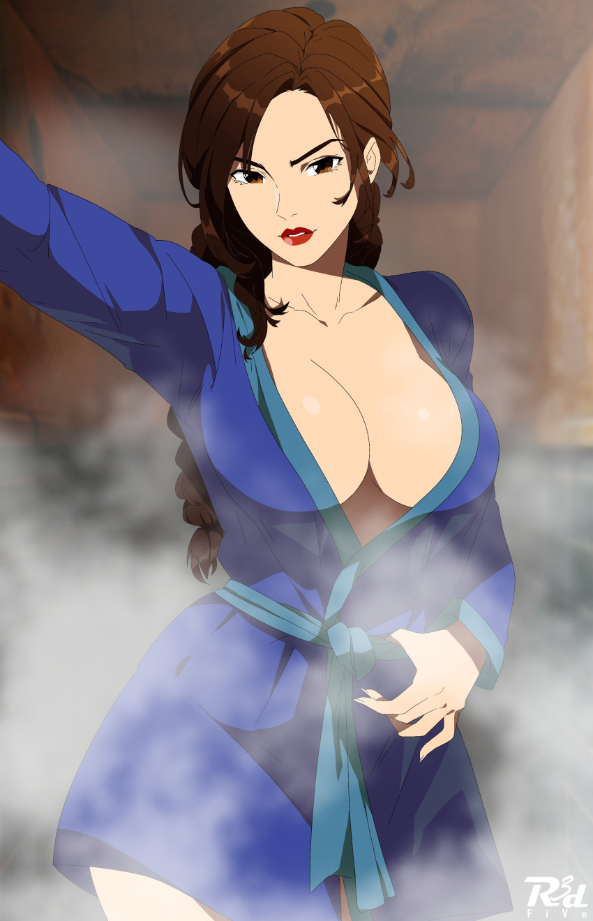 1girls bathrobe brown_eyes brown_hair cleavage female female_only lara_croft lara_croft_(classic) light-skinned_female light_skin lipstick makeup r3dfive tomb_raider