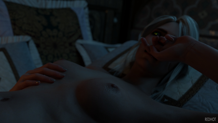 3d biting_finger breasts cd_projekt_red ciri female green_eyes redhot the_witcher_(series) the_witcher_3:_wild_hunt white_hair