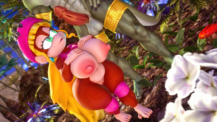 16:9 3d_(artwork) 4k absurd_res anthro balls big_breasts blonde_hair brandi breasts brown_body brown_fur clothing digital_media_(artwork) dixie_kong donkey_kong_(series) duo female flower fungus fur genitals hair haplorhine hat headgear headwear hi_res huge_breasts humanoid jungle knee_pads kong long_hair male male/female mammal monkey mushroom nintendo nipples nude penis plant primate pulled_up_shirt pussy scalie shortstack size_difference source_filmmaker thick_thighs topwear tree video_games widescreen