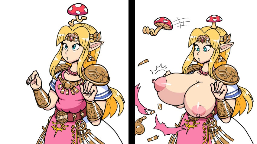 a_link_to_the_past before_and_after big_breasts blonde_hair blue_eyes breast_expansion breast_growth breasts breasts_out dress earthbound exposed_breasts fully_clothed huge_breasts mushroom mushroom_on_head necklace poopishness princess_zelda ramblin'_evil_mushroom ripped_clothing the_legend_of_zelda two_panel_image zelda_(a_link_between_worlds) zelda_(a_link_to_the_past)