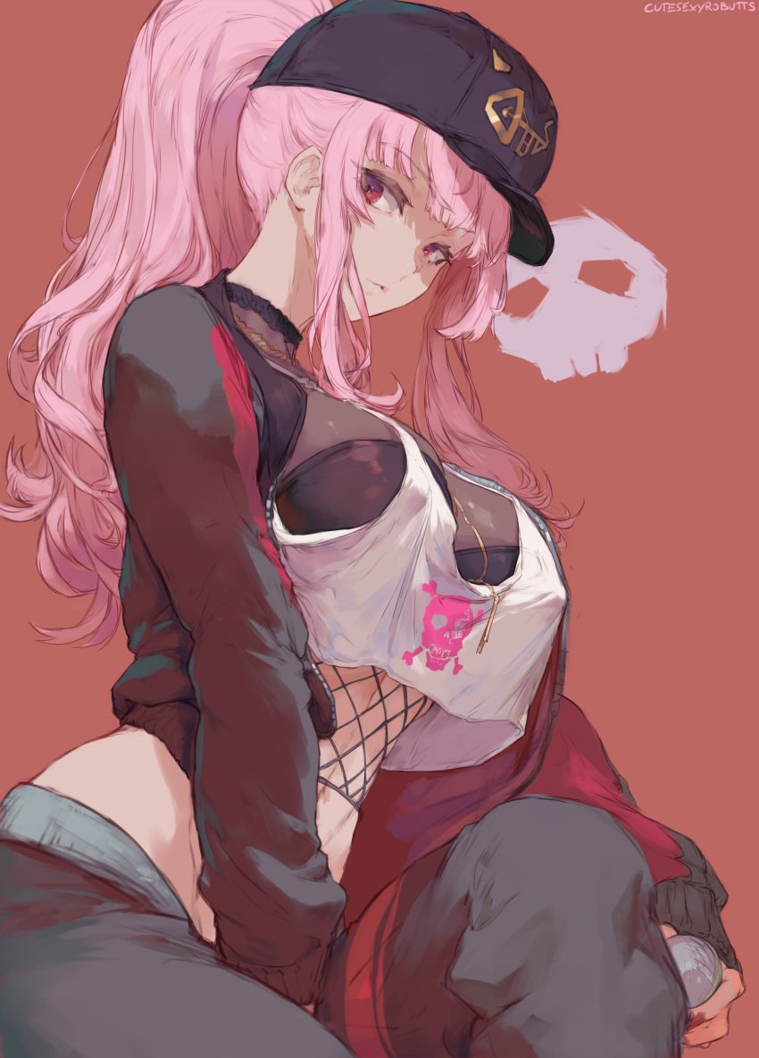 1girls absurd_res artist_name baseball_cap big_breasts breasts busty choker clothed cutesexyrobutts female female_only fishnets hat hi_res hololive hololive_english hololive_myth long_hair looking_at_viewer looking_down medium_breasts mori_calliope mori_calliope_ch. pink_eyes pink_hair ponytail signature skull solo solo_female streetwear tied_hair virtual_youtuber voluptuous